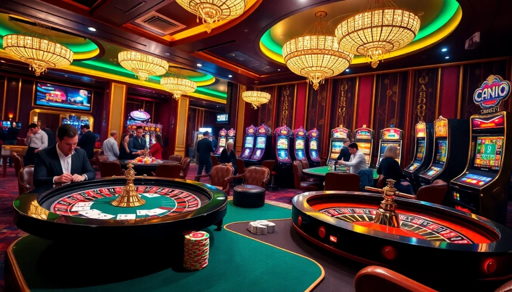 Exciting casino experience at http://bem88x.com/ with vibrant gaming tables, roulette wheel, and players engaged in action.
