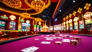 Experience thrilling gameplay at mb66.nyc with a sleek poker table and vibrant casino atmosphere.
