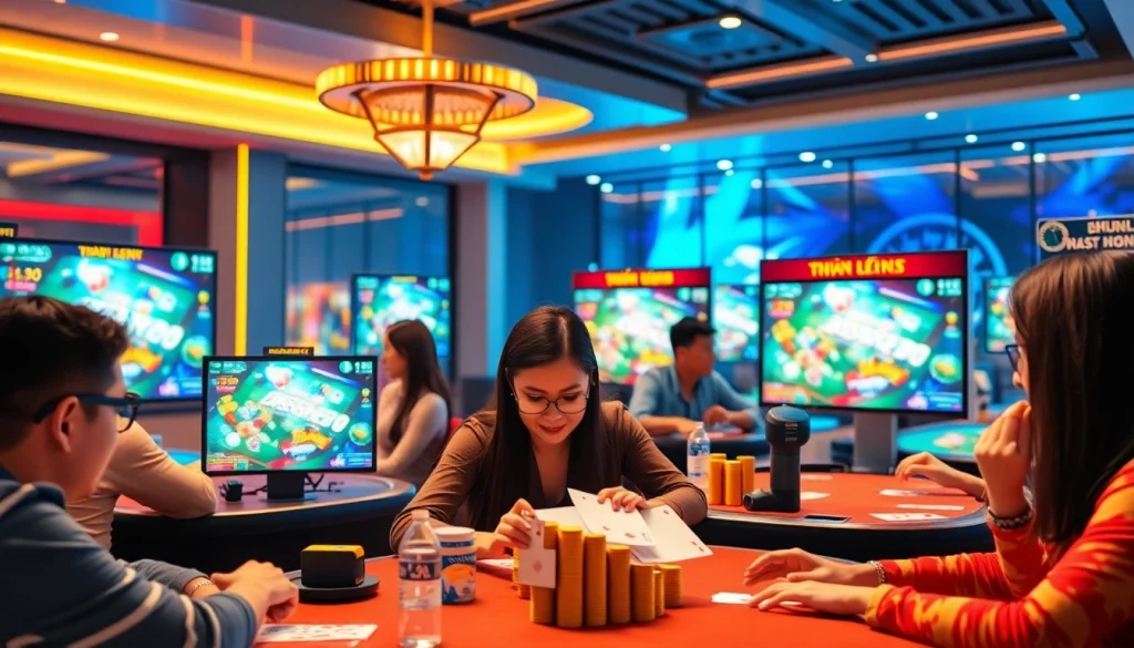 Engaging scene of online players enjoying card games at gamebaidoithuong.com.vc in a vibrant virtual environment.