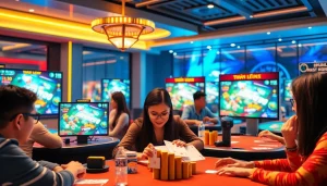 Engaging scene of online players enjoying card games at gamebaidoithuong.com.vc in a vibrant virtual environment.