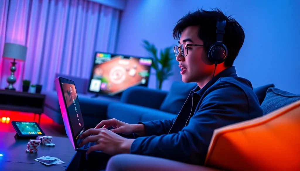 An engaging gaming scene featuring an enthusiast playing online card games at topgamebaidoithuong.mx, highlighting excitement and modern aesthetics.