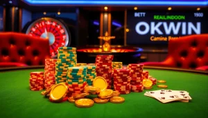 Experience the excitement of gambling at OKWIN with vibrant poker chips and a spinning roulette wheel.