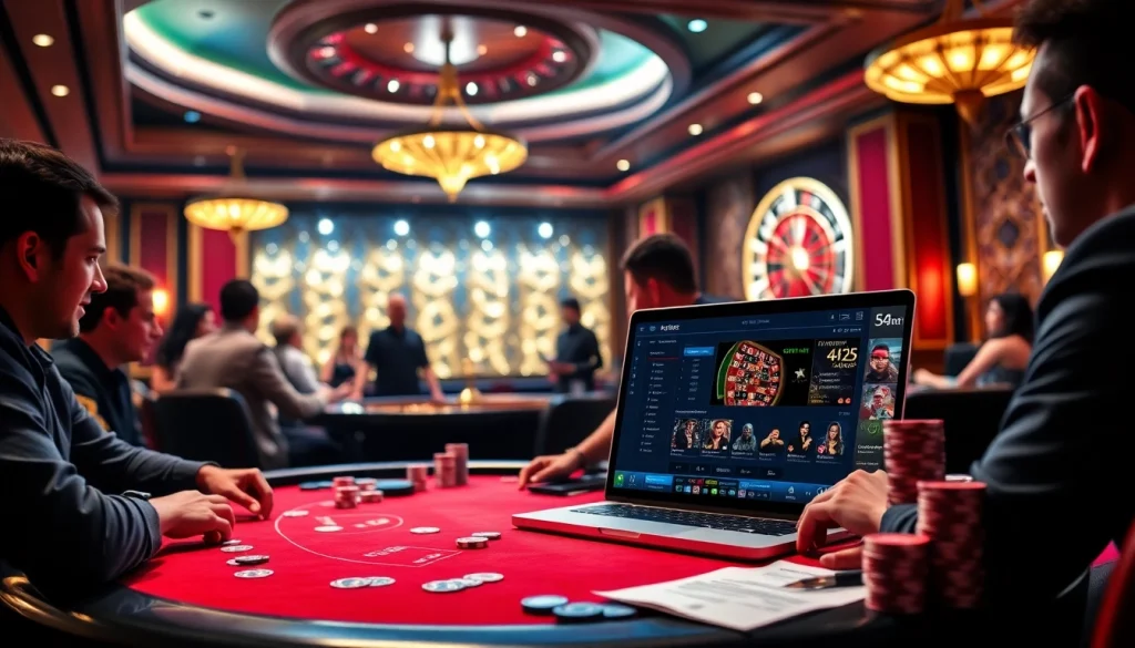 Players betting at a c54.gb.net poker table as the roulette wheel spins excitingly in a luxurious casino setting.