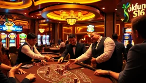 Players enjoy a thrilling blackjack game at an okfun casino table, with vibrant decor and a luxe atmosphere.