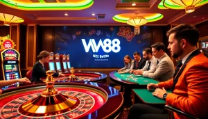 Engaging scene of players enjoying W W88 at a luxurious casino setup, with vibrant slot machines and roulette tables.