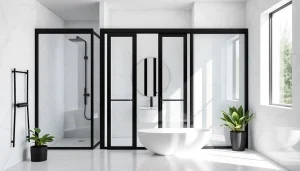 Showcasing stylish black frame shower doors in a modern bathroom design.