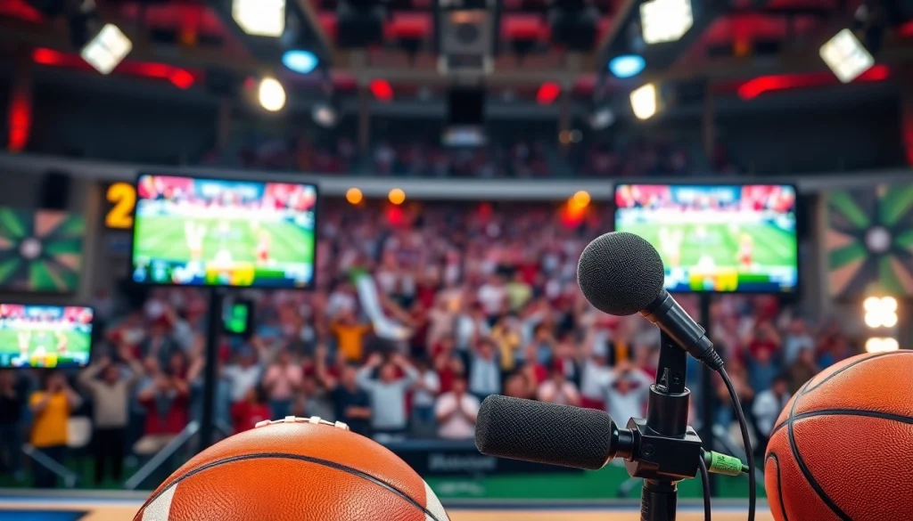 Showcasing Sports Broadcasting with vibrant screens, highlighting live events and sports equipment.