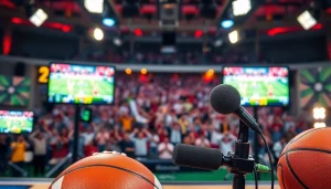 Showcasing Sports Broadcasting with vibrant screens, highlighting live events and sports equipment.