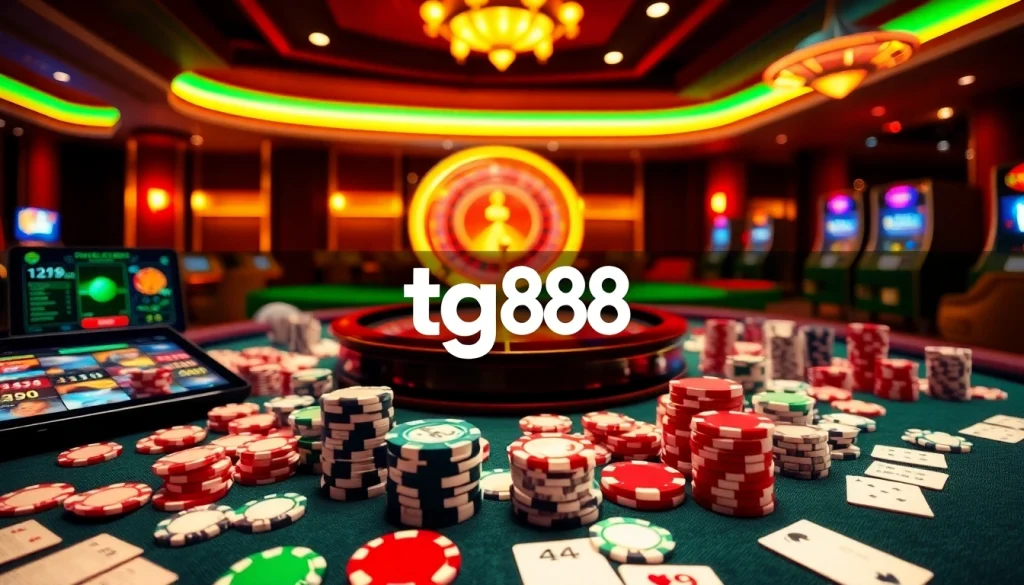 Experience thrilling gameplay at tg88 with a poker table and roulette wheel in action.