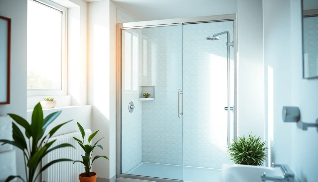 Showcase a stylish shower screen sliding door with modern decor, enhancing a luxurious bathroom atmosphere.
