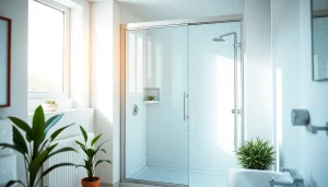 Showcase a stylish shower screen sliding door with modern decor, enhancing a luxurious bathroom atmosphere.