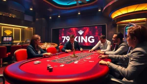 Players strategizing at a vibrant casino table with 79KING logo and colorful chips.