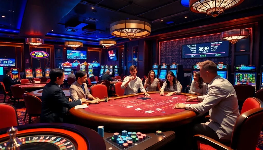 Players experiencing thrilling gambling action at Ga6789 casino with poker tables and vibrant decor.