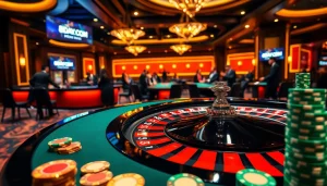 Experience the excitement of gaming at 8DAY.COM with poker chips and a roulette table.