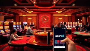 Excitement of gambling at open88 with vibrant slot machines and poker tables in a luxurious casino.