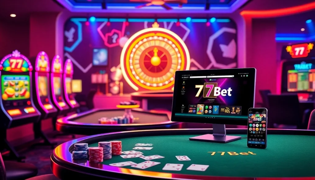 Engaging visuals of 77Bet gaming scene with vibrant slot machines, poker tables, and roulette wheel.