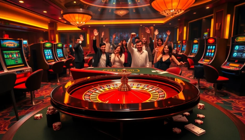 The excitement of kk55 casino gaming with players celebrating wins at roulette and poker tables.