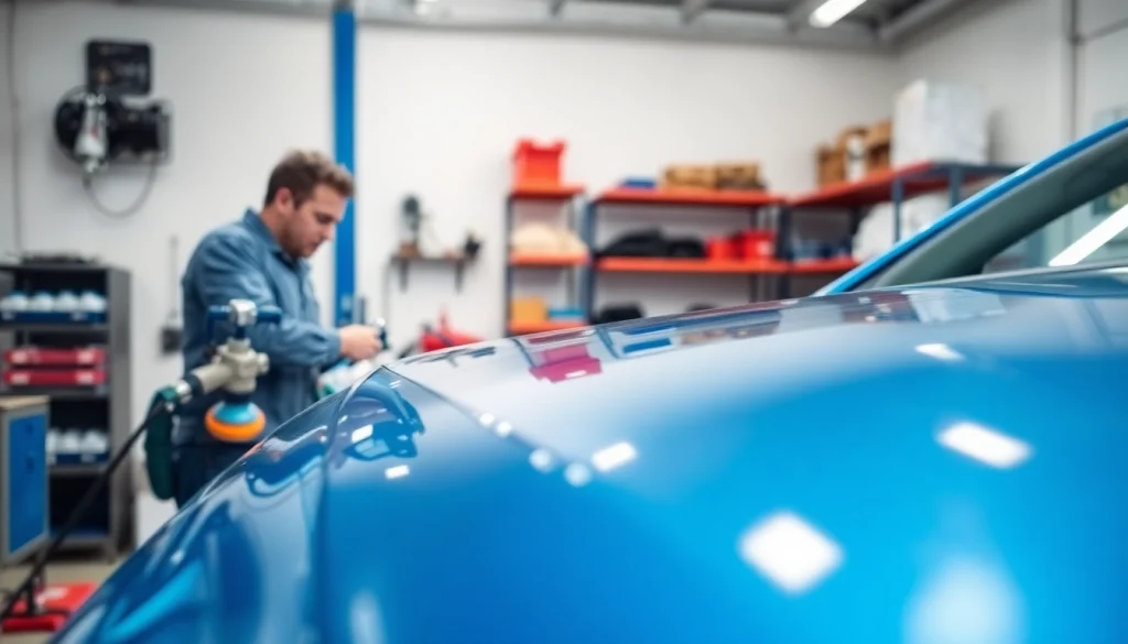 ScuffDoc technician blending paint seamlessly on a car body in a bright garage.