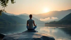 Meditation scene showcasing mental wellness with a peaceful figure by a calm lake.