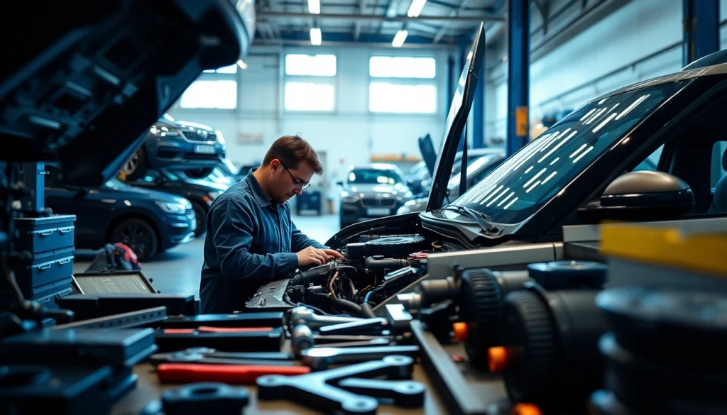 Kinghams technicians expertly repairing a Land Rover in a bright, professional garage.