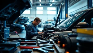 Kinghams technicians expertly repairing a Land Rover in a bright, professional garage.