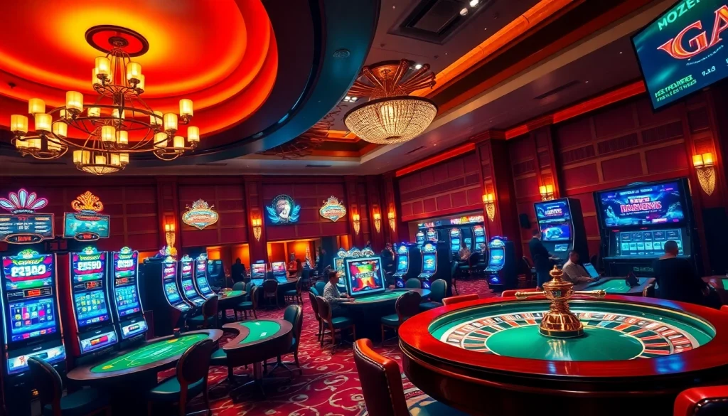 A thrilling scene featuring players at a vibrant casino with games representing the immersive experience at https://qq88.today/.