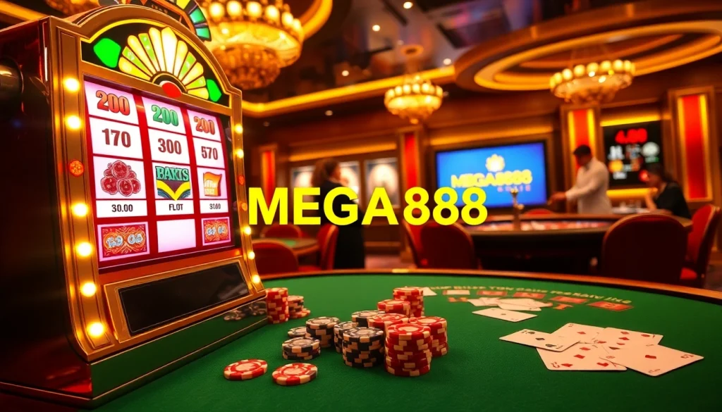 Engaging scene showcasing MEGA888 APK with exciting casino elements like slot machines and poker chips.