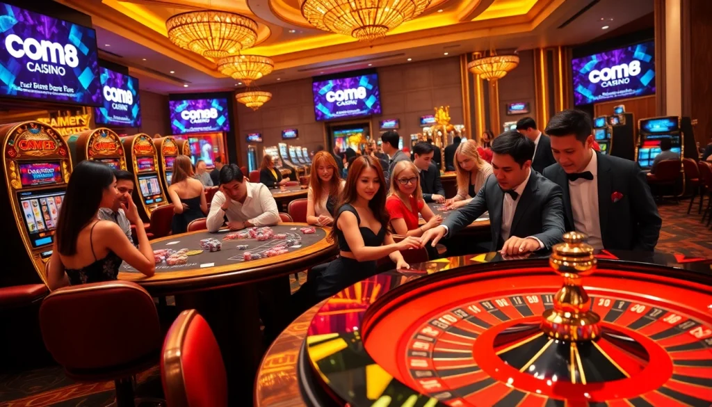 Experience the thrill of cm88 with players enjoying vibrant casino tables and slot machines.