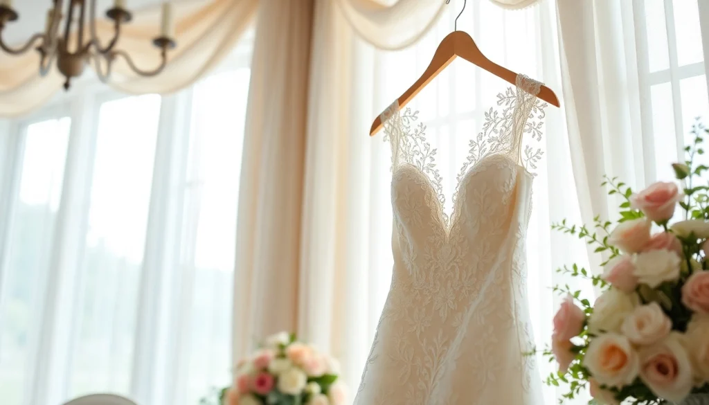 Bridal gown and accessories from Rebel Designerwear displayed elegantly in a romantic wedding setting.