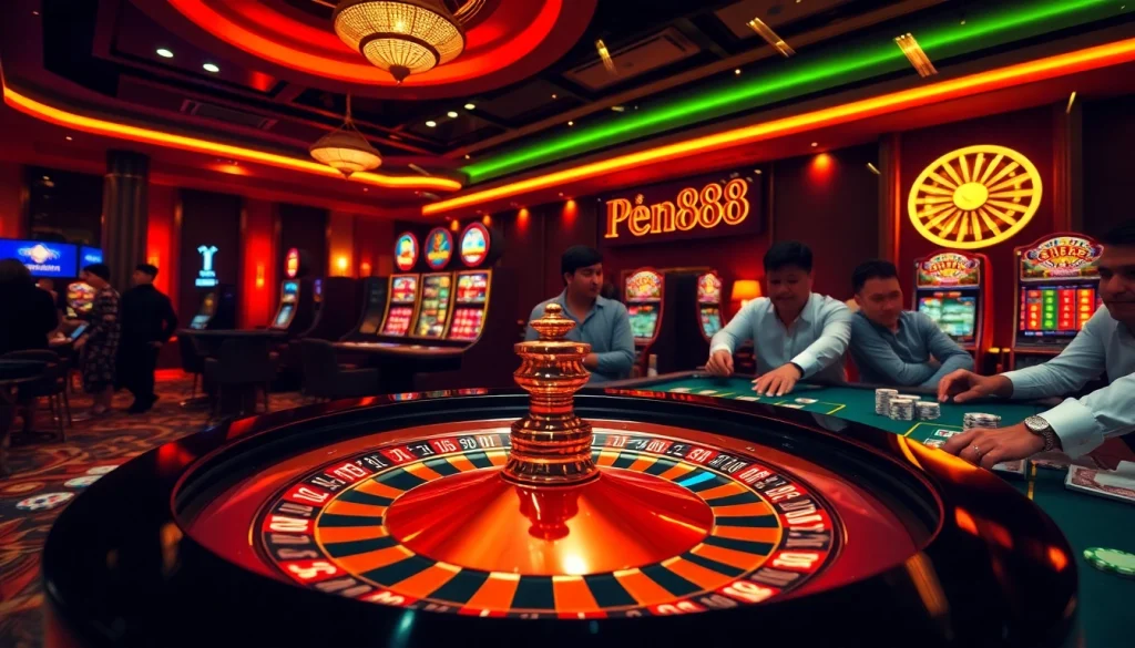 Experience the thrill of winning at OPEN888 with an exciting casino scene featuring roulette and poker.