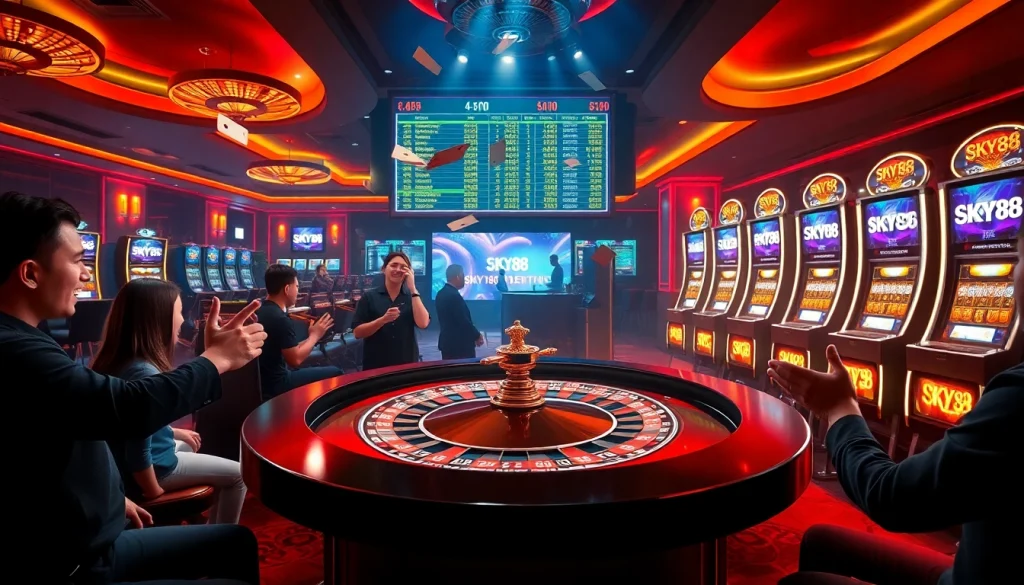 Experience the excitement of SKY88 at a luxurious casino with vibrant games and enthusiastic players.