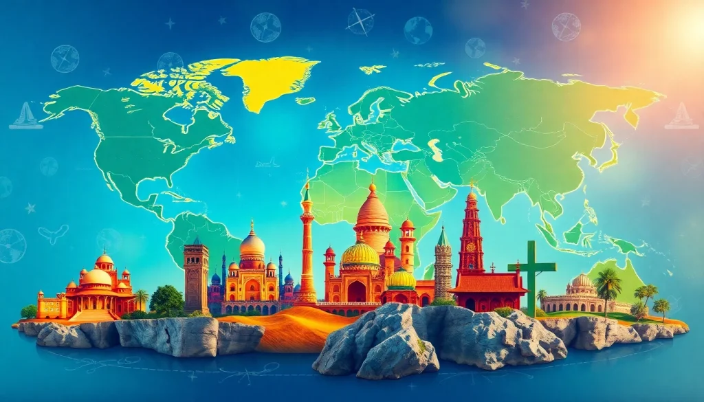 Round the world destinations displayed on a vibrant world map highlighting travel hotspots.
