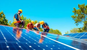 Piped Up technicians installing solar panels on a sunny rooftop, promoting renewable energy solutions.