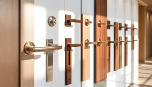View of diverse door handles by Door Handle Company in an elegant showroom setting, highlighting craftsmanship.