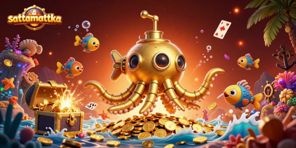 Join the excitement of sattamattka with a dynamic, treasure-filled underwater scene featuring a golden kraken and mechanical fish.