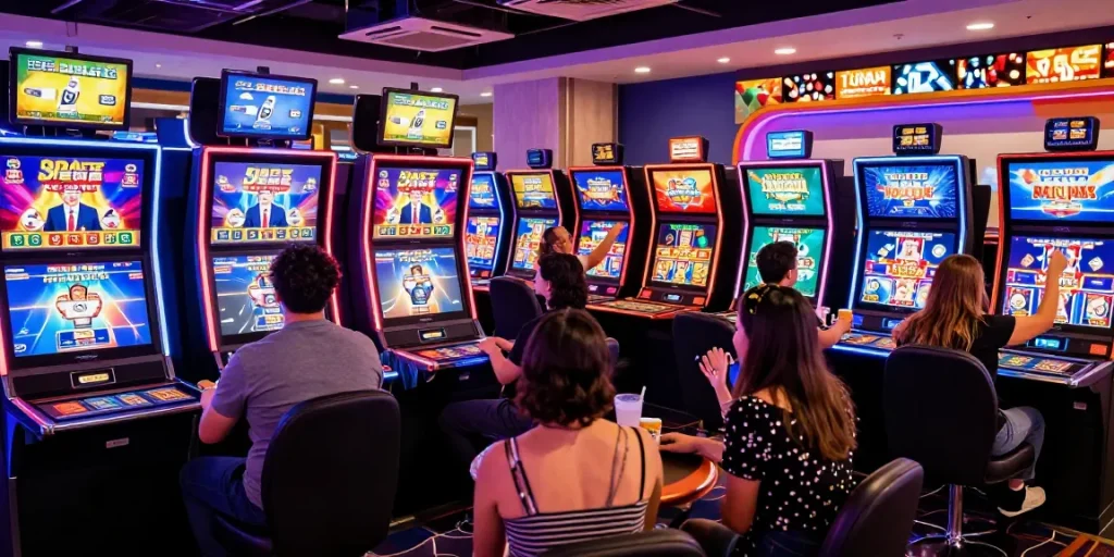 Players enjoying a lively gaming experience at credit card casinos with modern decor and vibrant atmosphere.