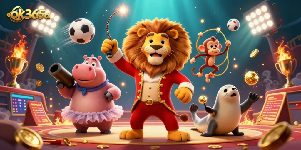 Engage with the excitement at ok365a featuring interactive circus characters and sports betting elements!