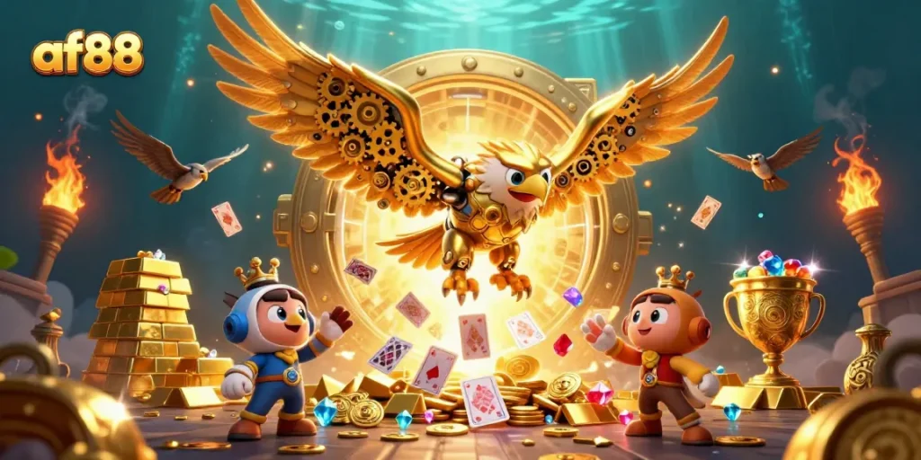 Experience thrilling gaming at af88 with a cybernetic golden eagle diving through holographic playing cards.