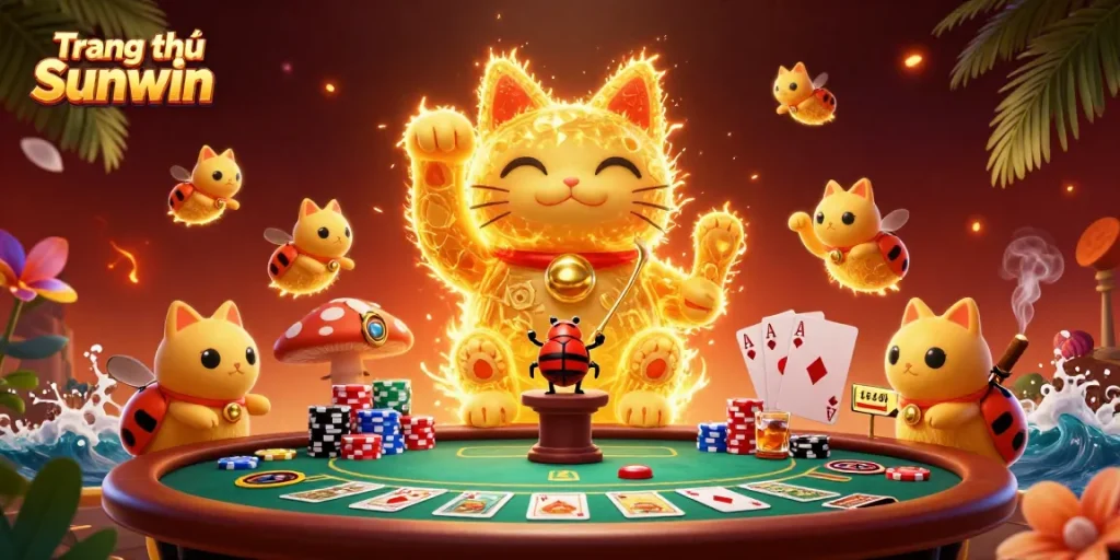 Engage with Trang chủ Sunwin in this vibrant 3D casino scene featuring a lucky cat and poker elements.