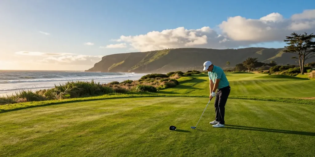 Beautiful golf scene at Cullen Golf Club showcasing a golfer swinging during golden hour, with stunning coastal views at https://cullengolfclub.co.uk/.