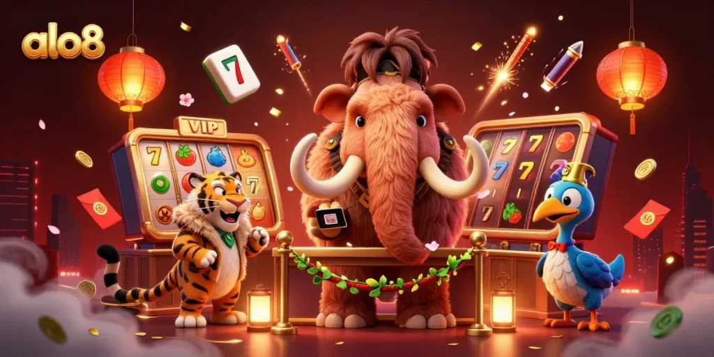 Experience thrilling gaming at alo8 with a dynamic casino scene featuring exciting slot reels and unique characters.