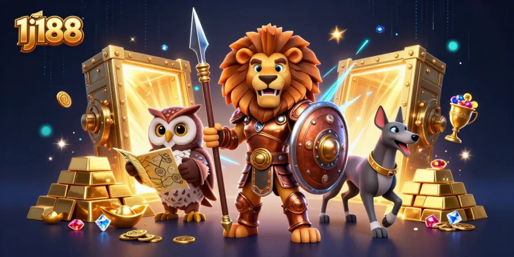 Experience thrilling gaming at 1j188 with a vibrant 3D casino illustration depicting a Spartan lion, owl, and greyhound.