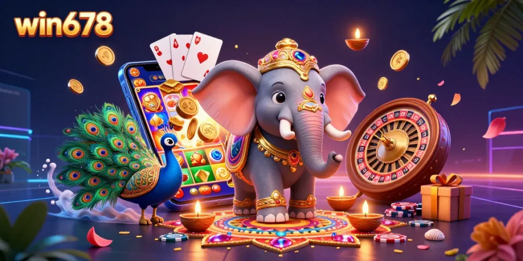 Experience win678's thrilling gaming with festive elements and vibrant casino action.