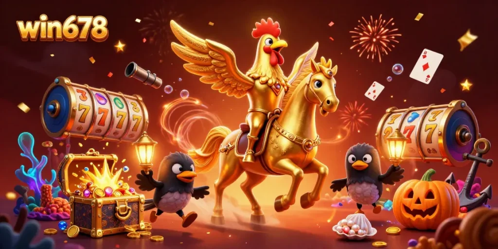 Immerse in the excitement of win678 as a golden rooster navigates a vibrant casino filled with treasures.