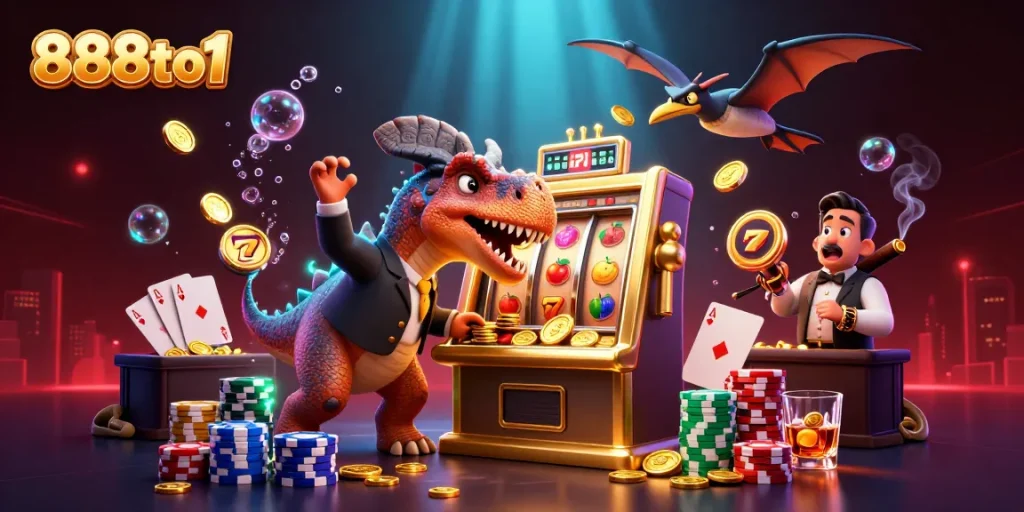Experience the thrill of 888to1 as a pachycephalosaurus wins jackpots, capturing casino excitement.