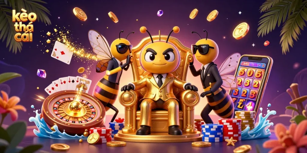 Engage with kèo nhà cái in a vibrant casino scene showcasing the bee boss and dynamic gambling elements.