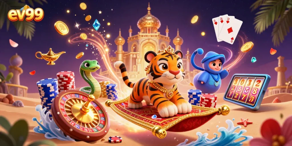 Experience the thrill of ev99 with our vibrant 3D casino-themed illustration featuring dynamic characters and gaming elements.
