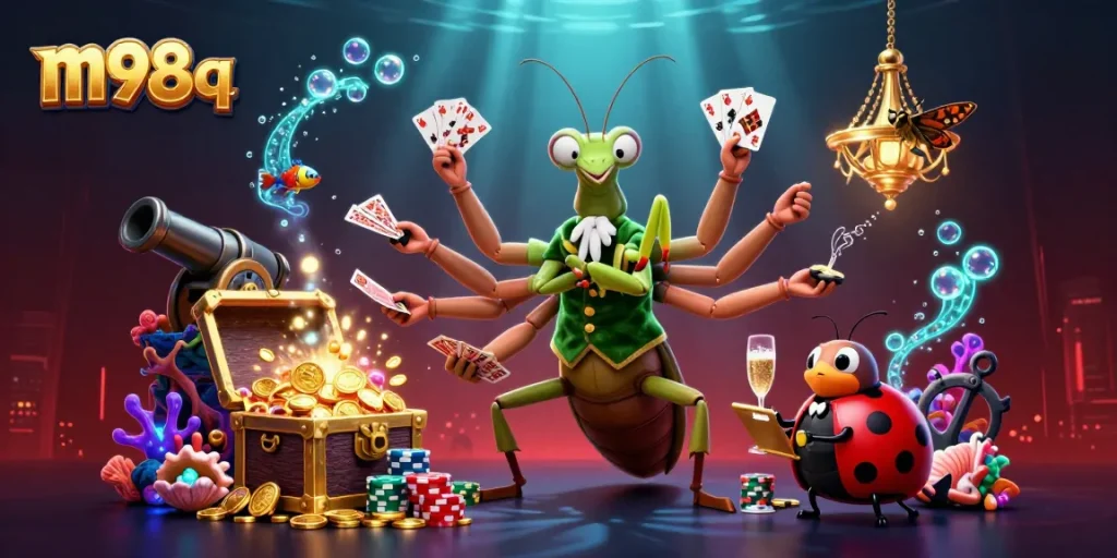 Engage with m98 q at a vibrant online casino scene featuring dynamic characters and rich game elements.