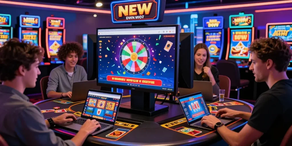 Diverse players experiencing new UK casino sites with exciting games and vibrant bonuses on modern devices.