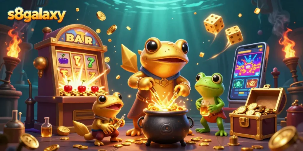 Experience thrilling games at s8galaxy with a lively illustration of an alchemist transforming metals into gold coins.